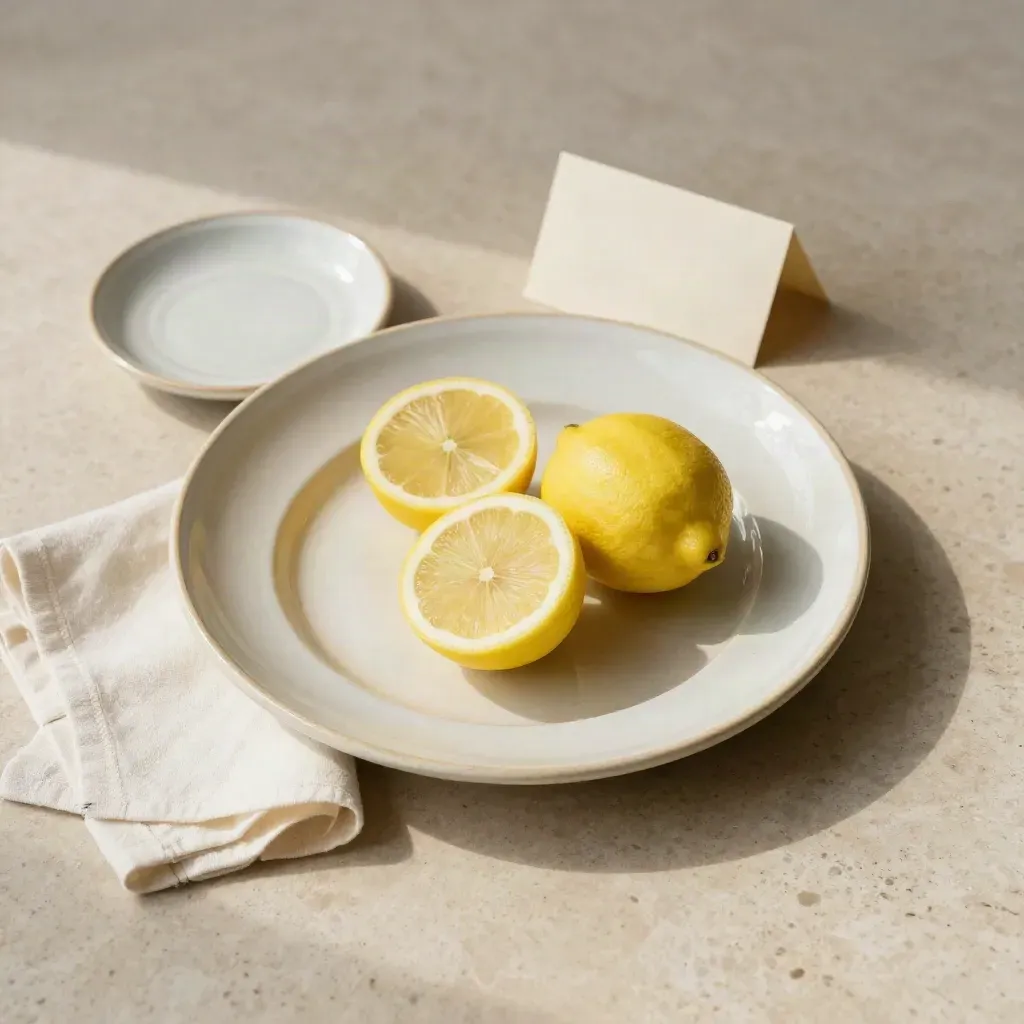 Piatto ai limoni con due mezzi limoni, tovagliolo crema e piattino su travertino.