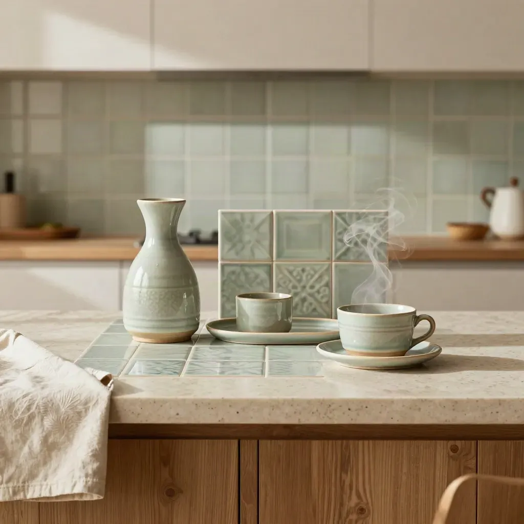 Set cucina salvia in ceramica con piastrelle, caraffa e vassoio su tavolo luminoso.