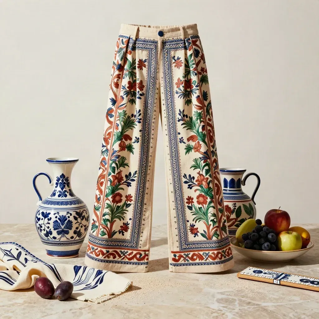 Set paraschizzi Sicilia con piastrelle decorate, brocca, piatti e tessuto su travertino chiaro.