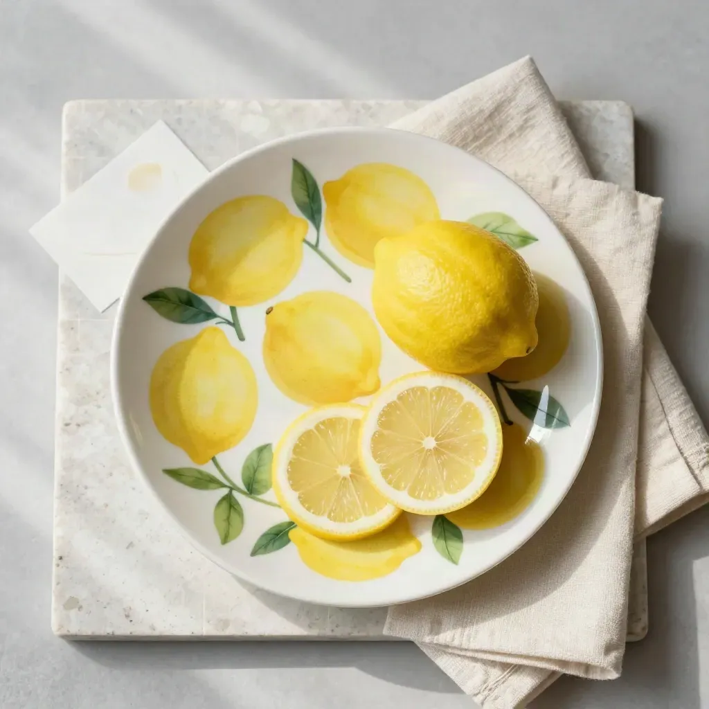 Piatto da portata con limoni, fetta di limone e tovagliolo in lino avorio su travertino.