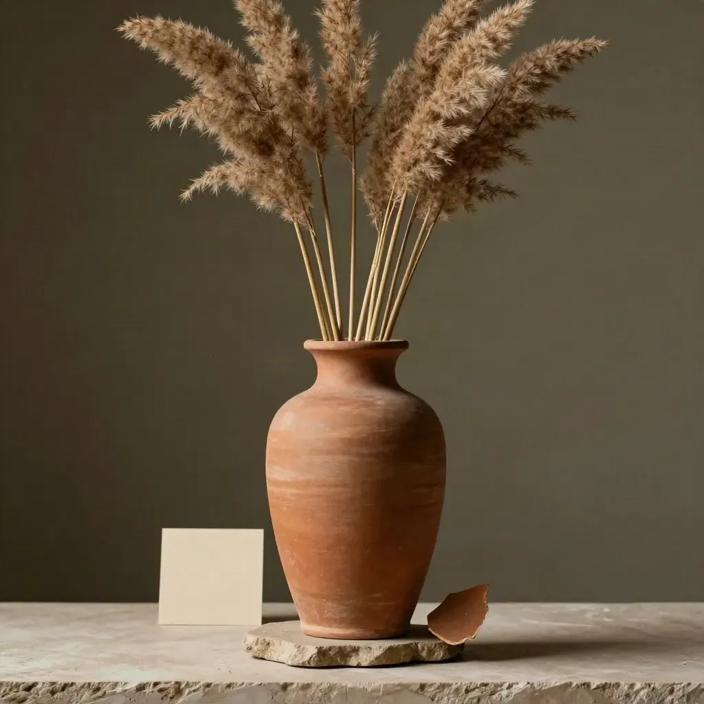 Vaso cilindro in terracotta con canne secche su base di pietra grezza