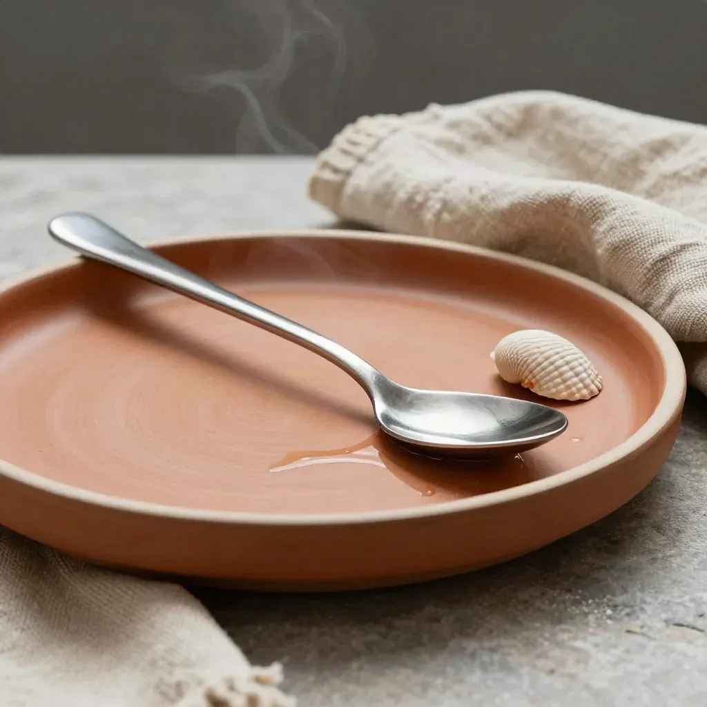 Piatto fondo corallo con cucchiaio, lino naturale e piccola conchiglia su fondo scuro.