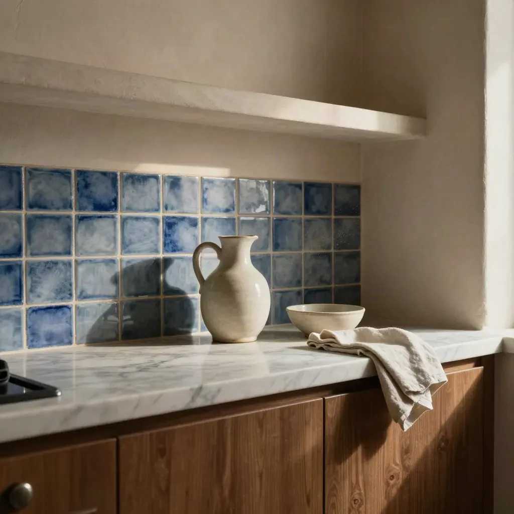 Angolo cucina mediterraneo con piastrelle blu, piano in marmo chiaro e brocca in alto.