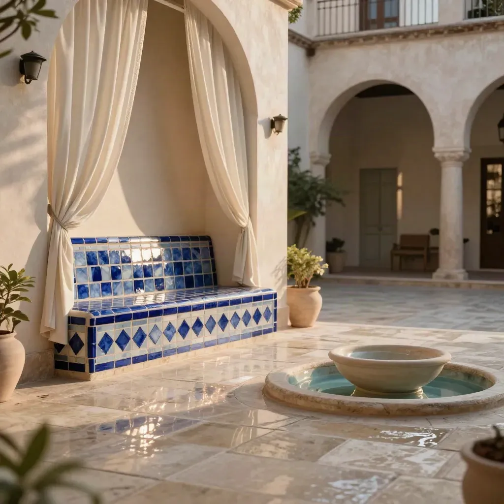 Cortile di hotel con panca piastrellata, tende chiare mosse dal vento e riflessi d’acqua al tramonto.